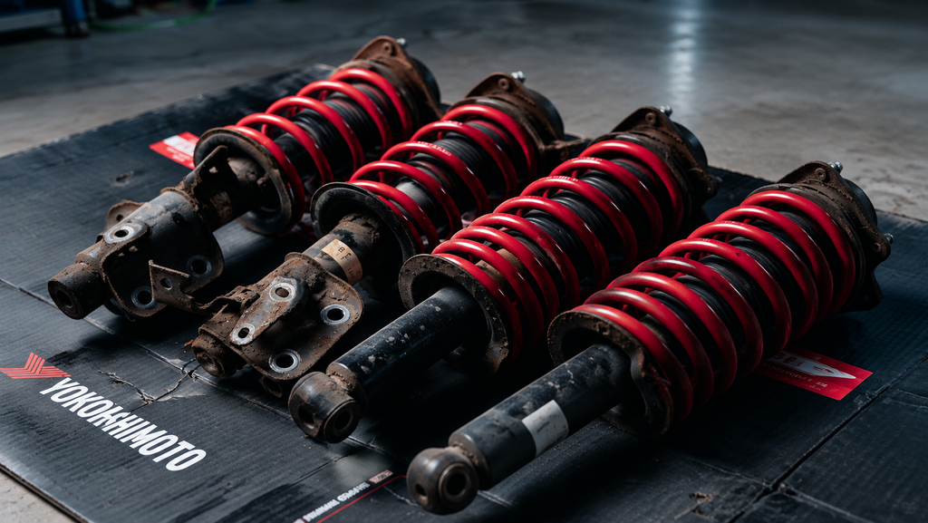 Worn struts with red coil springs on a garage floor