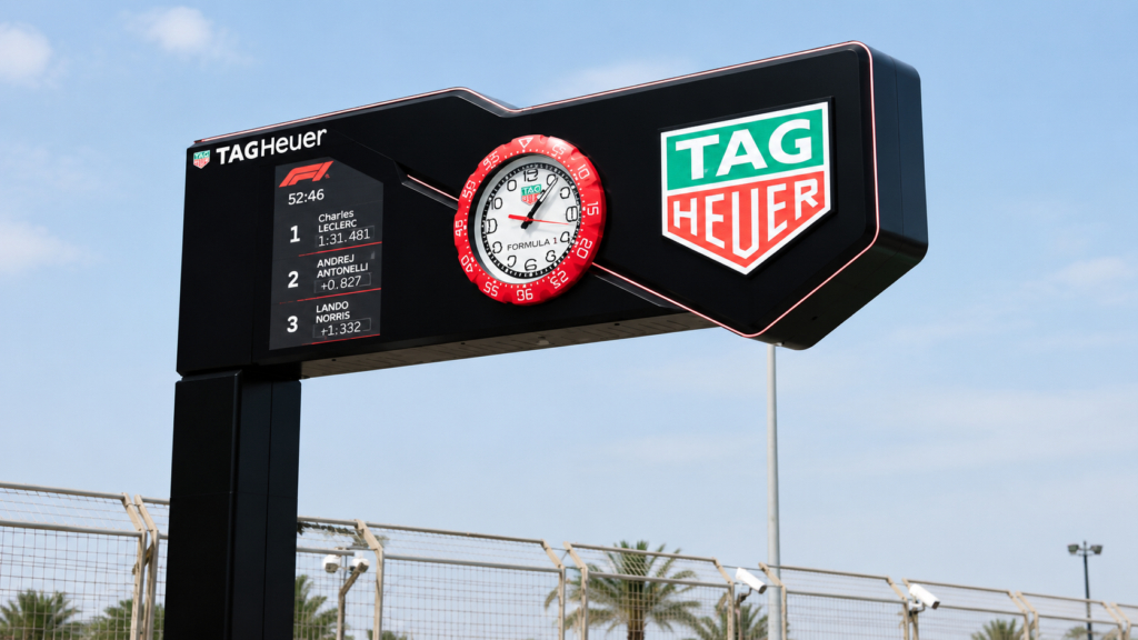 A TAG Heuer clock and Formula 1 timing screen on a trackside gantry, with palm trees behind the catch fence