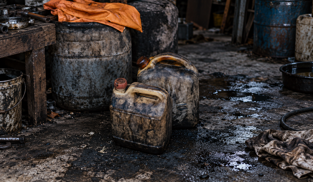 Fuel canisters inside an automotive workshop