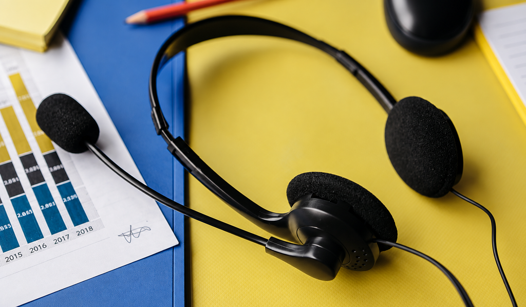 A communication headset with microphone resting on a desk beside reports and charts