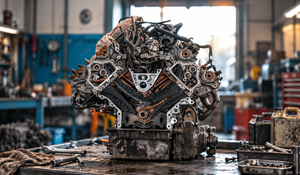 Car engine on a workbench in an automotive garage