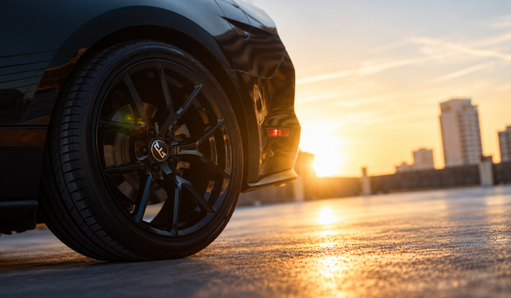 A performance tire photographed in warm sunset light