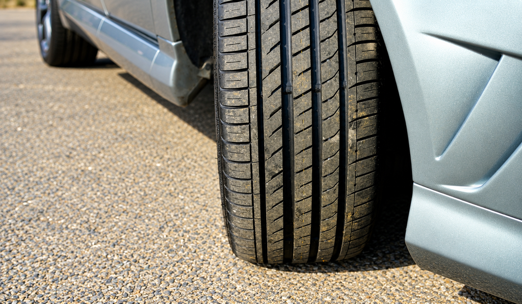 Close-up of a tire tread on asphalt showing the rubber surface and texture