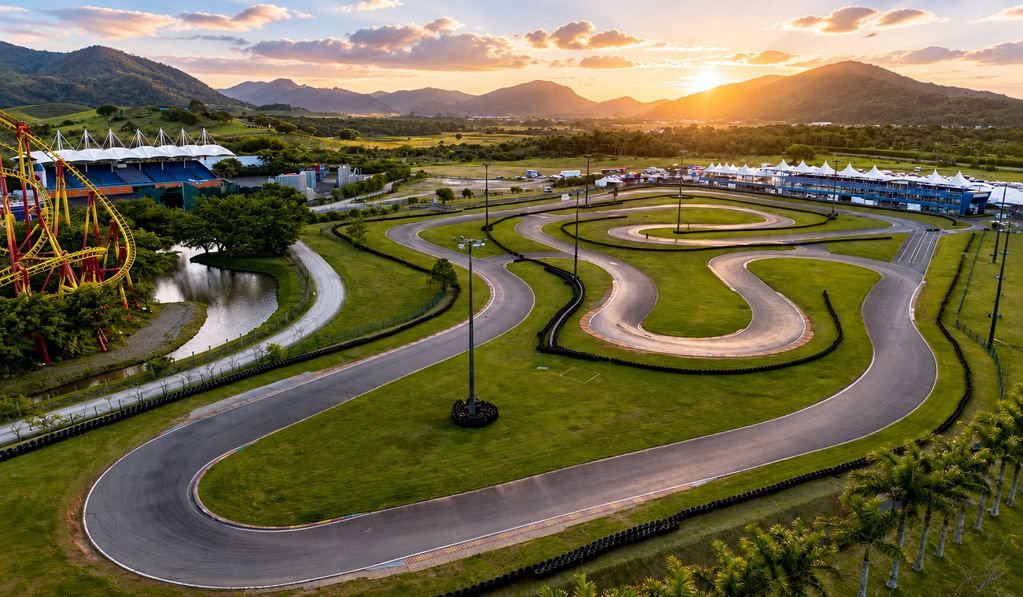 Aerial view of a go-kart racing circuit at sunset