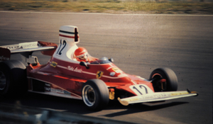 Niki Lauda drives his Ferrari 312T at the 1975 United States Grand Prix at Watkins Glen.
